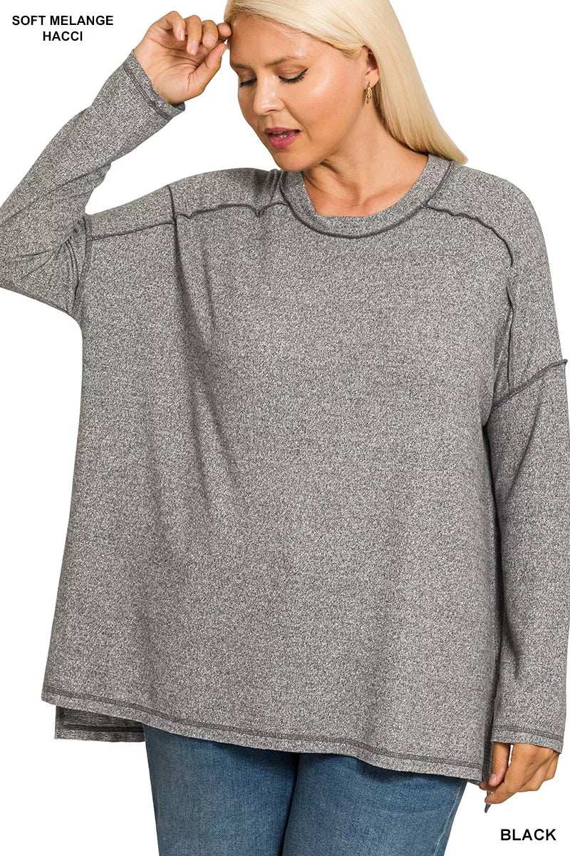 Zenana Full Size Melange Hacci Exposed Seam Hi-low Tee Plus Size - Trendsi - Flyclothing LLC