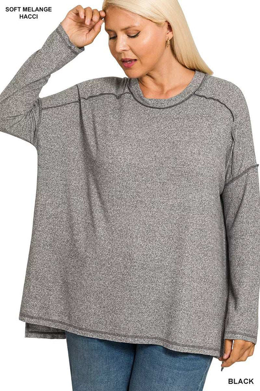 Zenana Full Size Melange Hacci Exposed Seam Hi-low Tee Plus Size - Trendsi - Flyclothing LLC