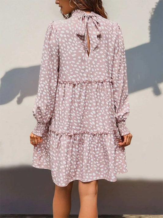 Frill Printed Mock Neck Long Sleeve Mini Dress - Trendsi - Flyclothing LLC