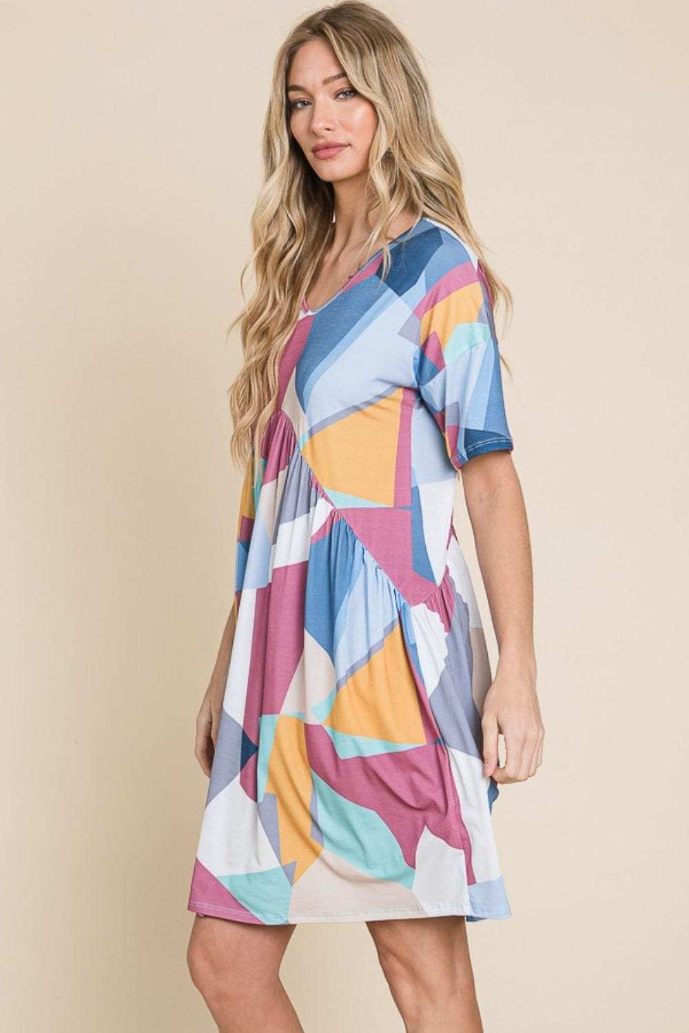 BOMBOM Ruched Color Block Short Sleeve Dress - Trendsi - Flyclothing LLC