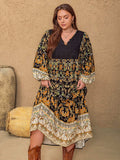 Plus Size Floral V-Neck Balloon Sleeve Midi Dress - Trendsi - Flyclothing LLC