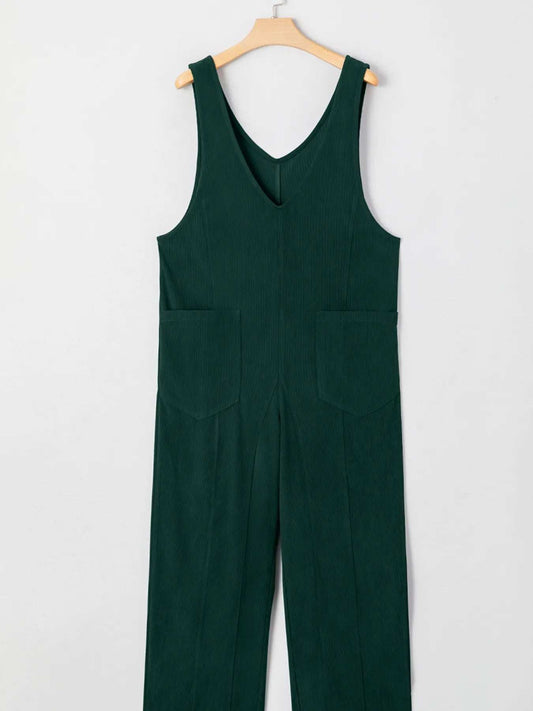 Corduroy V Neck Patched Pocket Sleeveless Jumpsuit - Trendsi - Flyclothing LLC