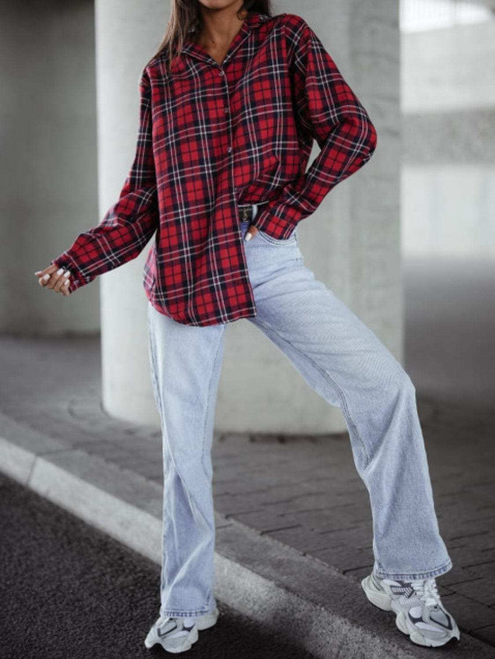 Plaid Collared Neck Long Sleeve Shirt - Trendsi - Flyclothing LLC