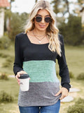 Color Block Square Neck Long Sleeve T-Shirt - Trendsi - Flyclothing LLC