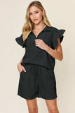 Double Take Full Size Texture Flounce Sleeve Top and Drawstring Shorts Set - Trendsi - Flyclothing LLC