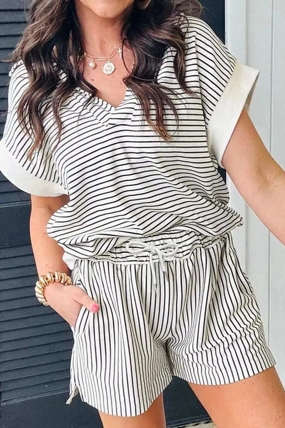 Stripe V Neck Tee and Casual Shorts Set - Trendsi - Flyclothing LLC