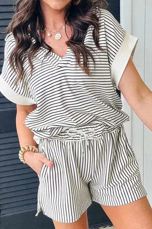 Stripe V Neck Tee and Casual Shorts Set - Trendsi - Flyclothing LLC