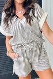 Stripe V Neck Tee and Casual Shorts Set - Trendsi - Flyclothing LLC