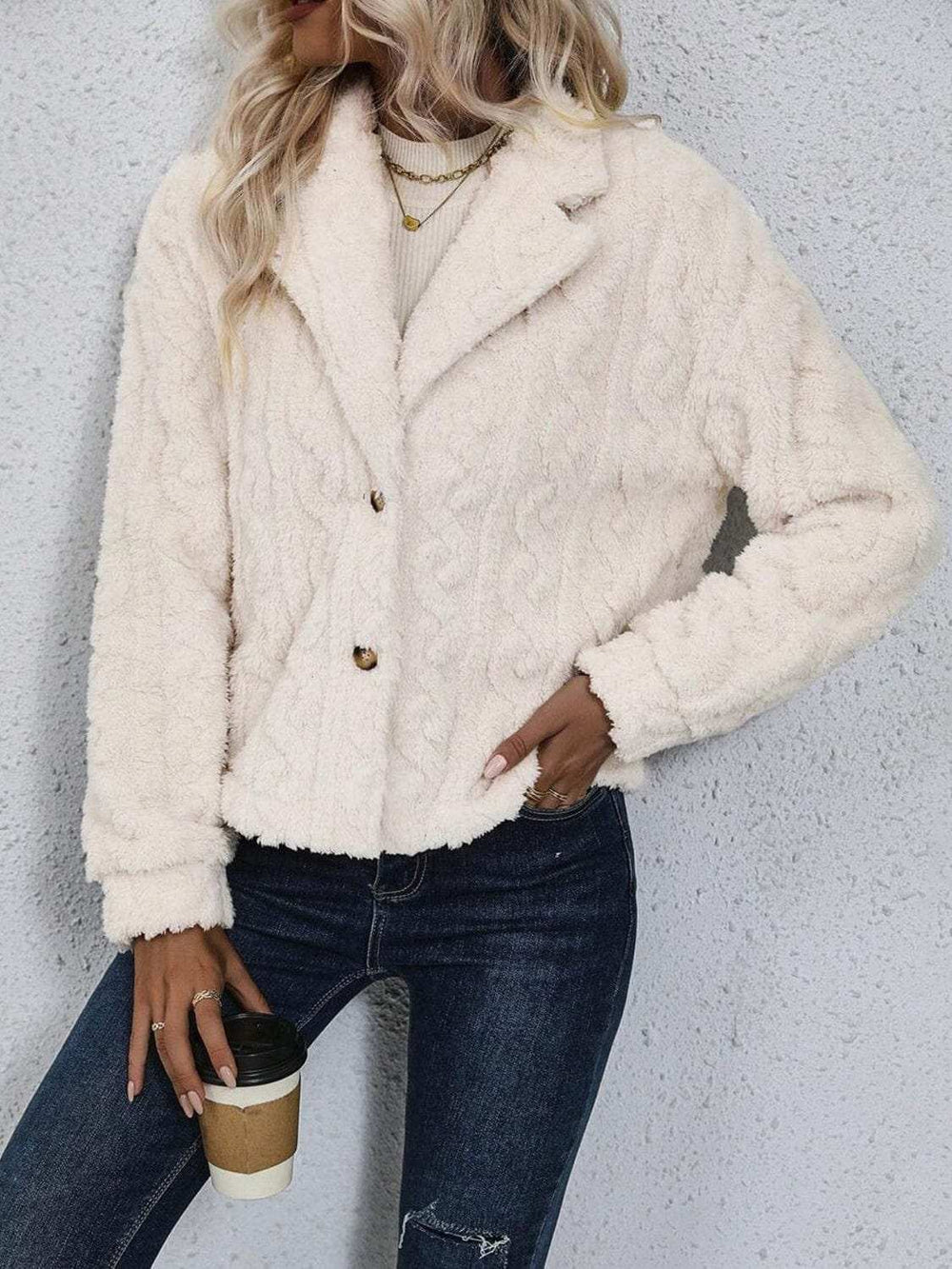 Fuzzy Button Up Collared Neck Jacket - Trendsi - Flyclothing LLC