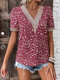 Full Size Printed V-Neck Short Sleeve Blouse - Trendsi - Flyclothing LLC