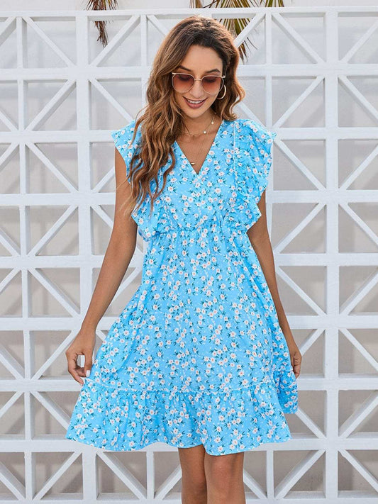 Ruffled Ditsy Floral Surplice Mini Dress - Trendsi - Flyclothing LLC