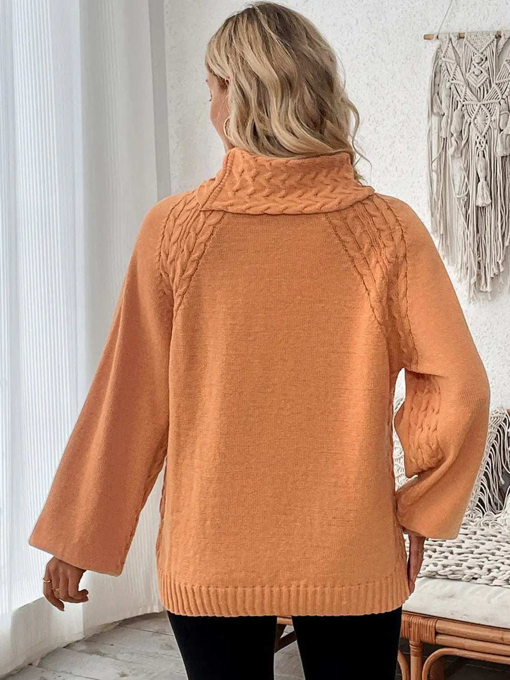 Cable-Knit Turtleneck Long Sleeve Sweater - Trendsi - Flyclothing LLC