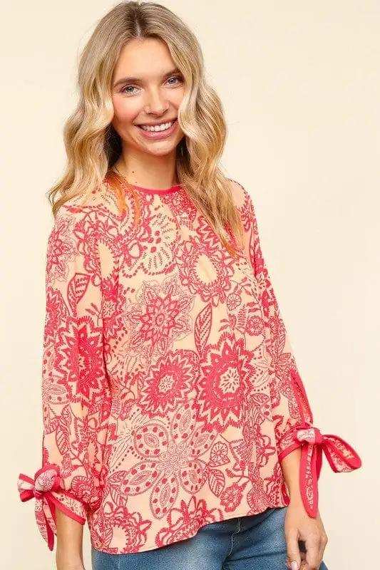 Haptics Ribbon Bow Detail Floral Round Neck Blouse - Trendsi - Flyclothing LLC
