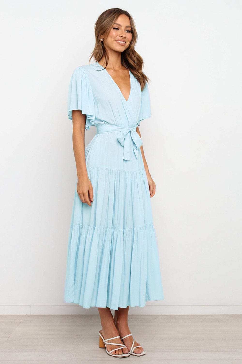 Tied Back Tiered Short Sleeve Midi Dress - Trendsi - Flyclothing LLC