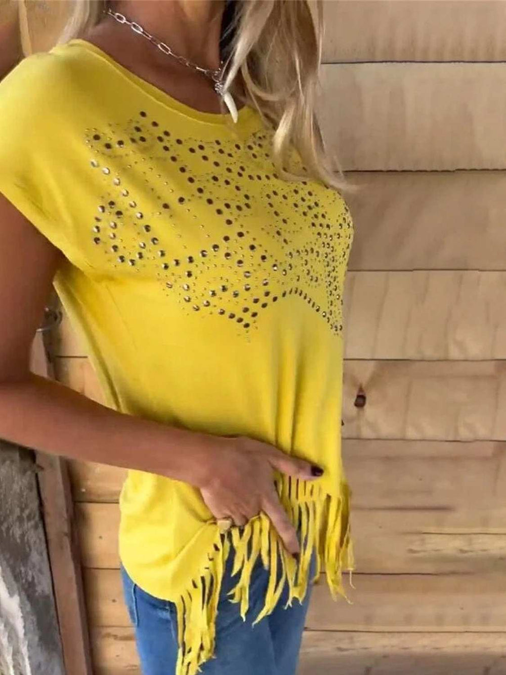 Studded Fringe Round Neck Cap Sleeve T-Shirt - Trendsi - Flyclothing LLC