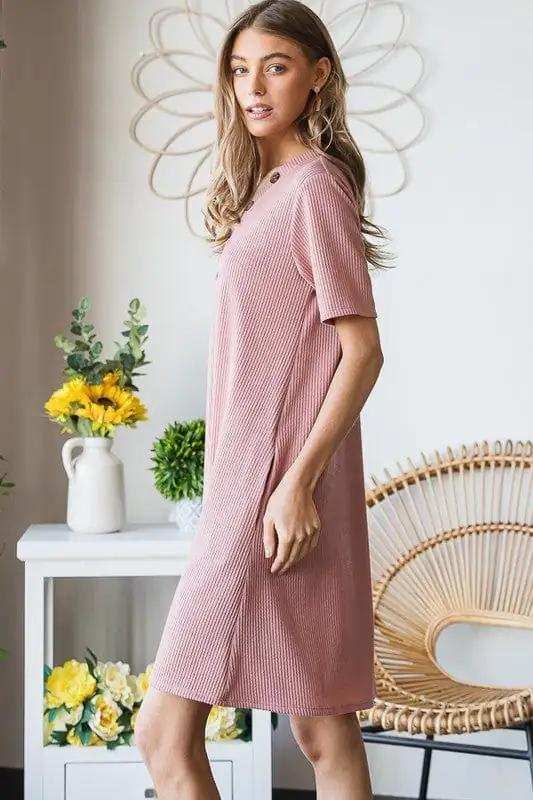 Heimish Full Size Solid Ribbed Mini Dress with Button Plus Size - Trendsi - Flyclothing LLC