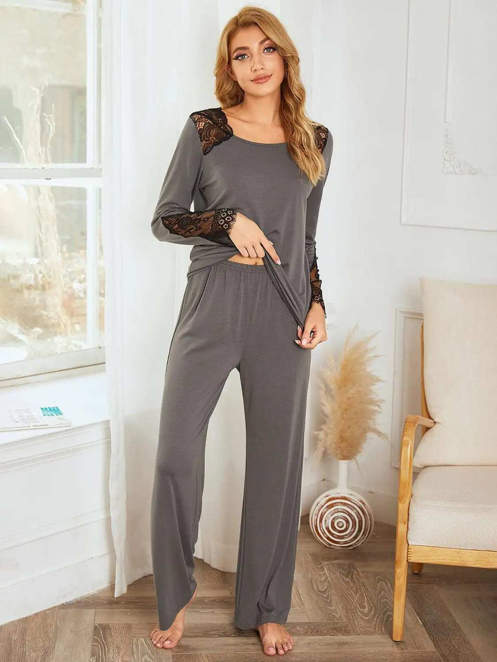 Lace Detail Long Sleeve Top and Pants Lounge Set - Trendsi - Flyclothing LLC
