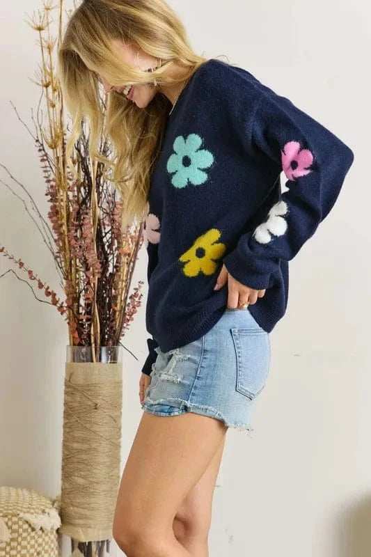 ADORA Full Size Flower Popped Sweater Plus Size - Trendsi - Flyclothing LLC