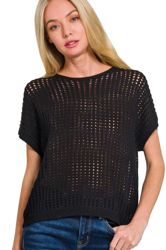 Zenana Viscose Crochet Knit Sheer Hollow Sweater - Trendsi - Flyclothing LLC