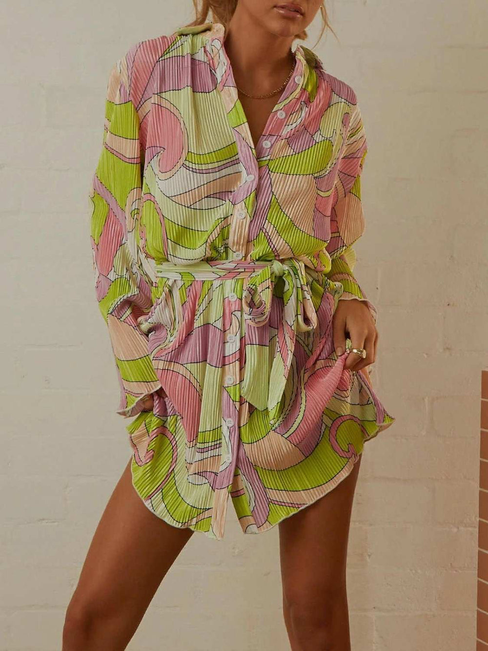 Tied Button Up Long Sleeve Dress - Trendsi - Flyclothing LLC