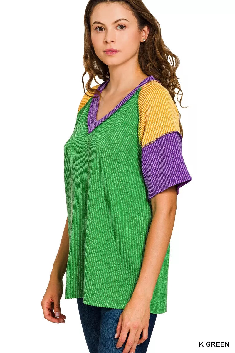Zenana Mardi Gras Raised Rib Color Block Top - Trendsi - Flyclothing LLC