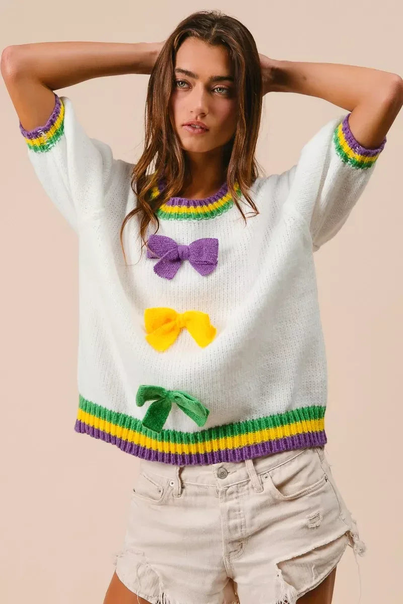 BiBi Short Puff Sleeve Ribbon Bow Mardi Gras Sweater - Trendsi - Flyclothing LLC