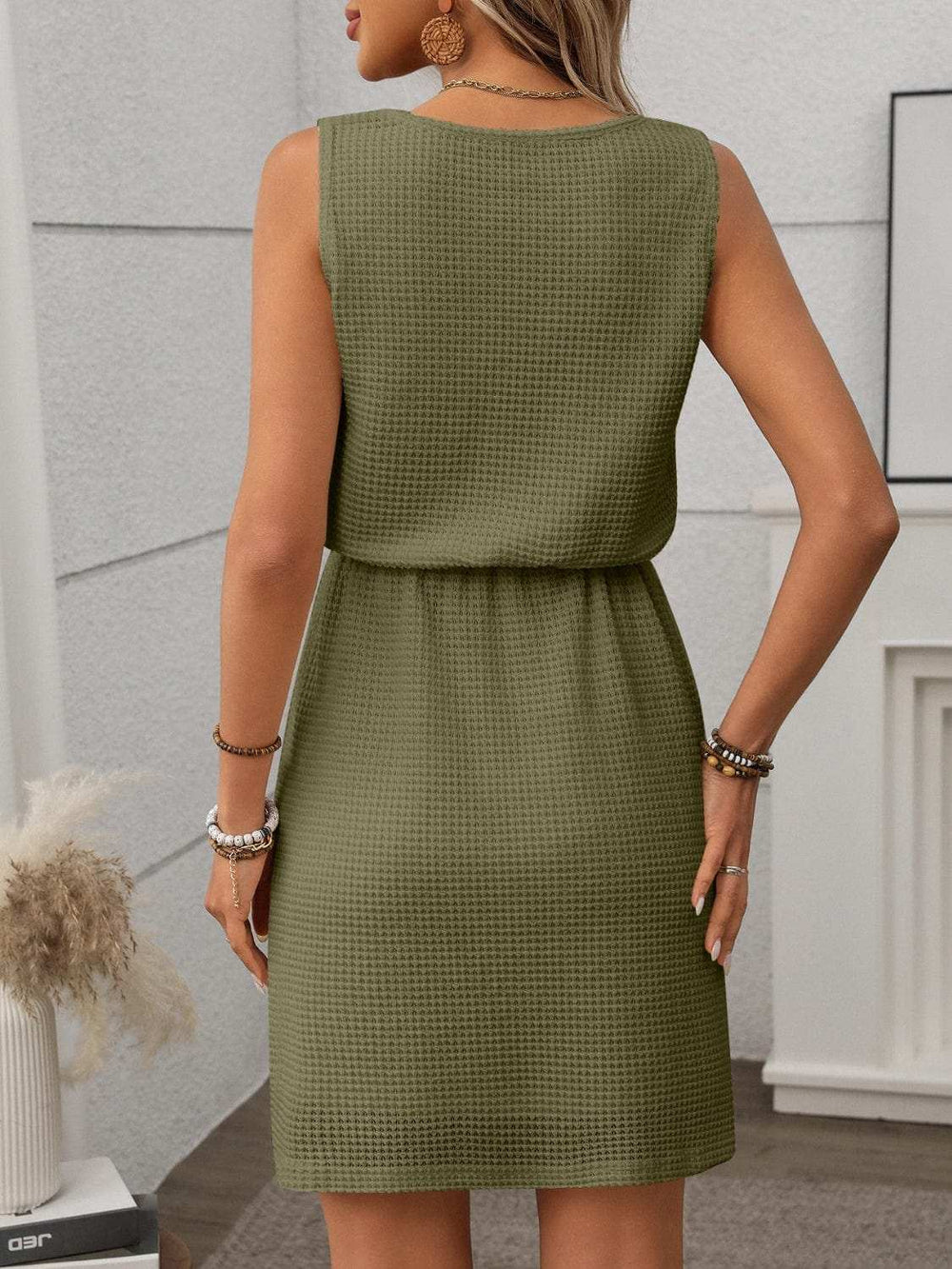 Waffle-Knit Drawstring Mini Tank Dress - Trendsi - Flyclothing LLC