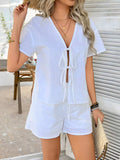 Devine Tied V-Neck Short Sleeve Top and Shorts Set - Trendsi - Flyclothing LLC