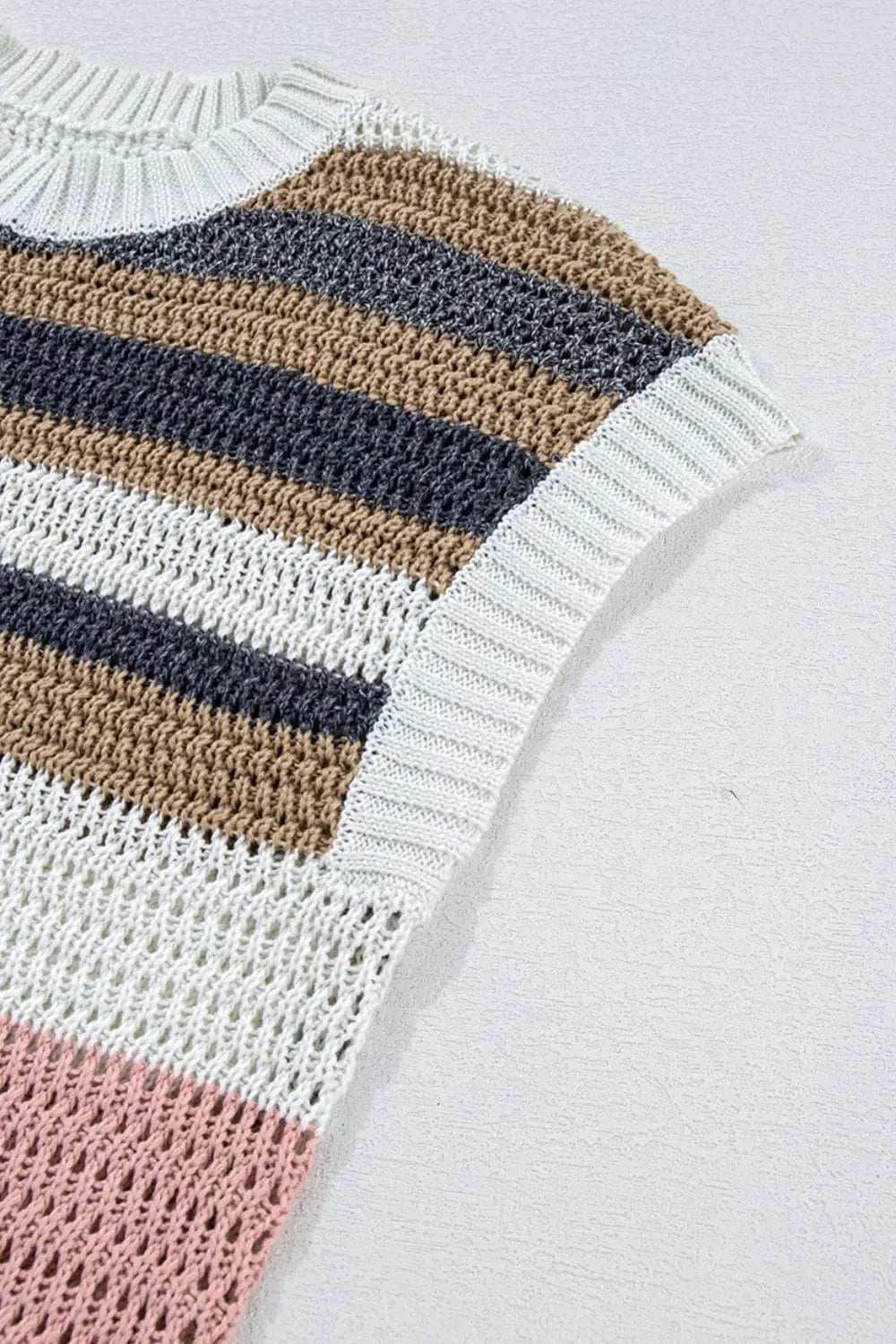 Stripe Color Block Eyelet Knit Short Sleeve Knit Top - Trendsi - Flyclothing LLC