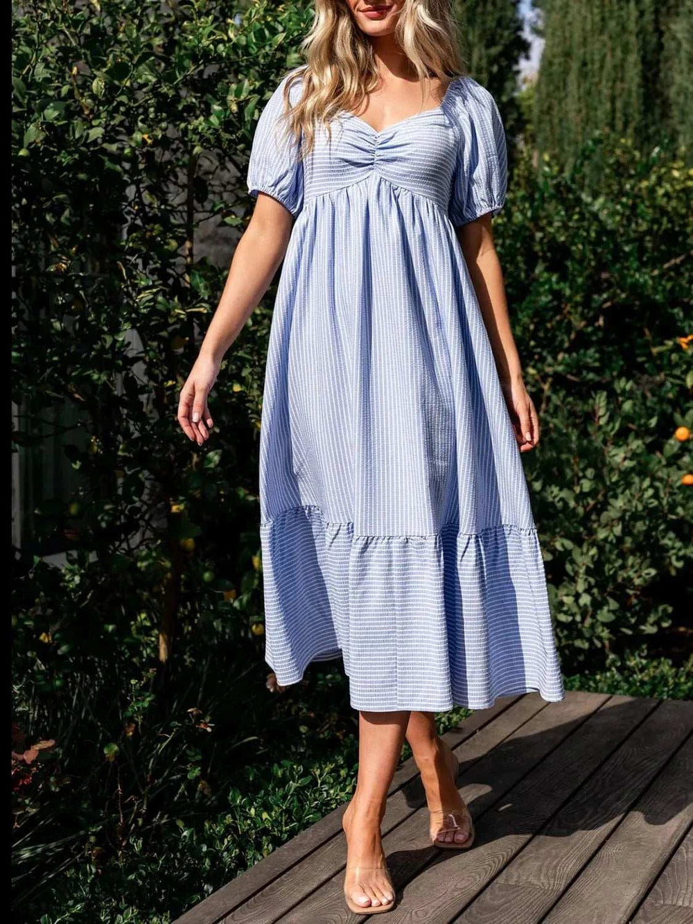 Striped Sweetheart Neck Puff Sleeve Midi Dress - Trendsi - Flyclothing LLC