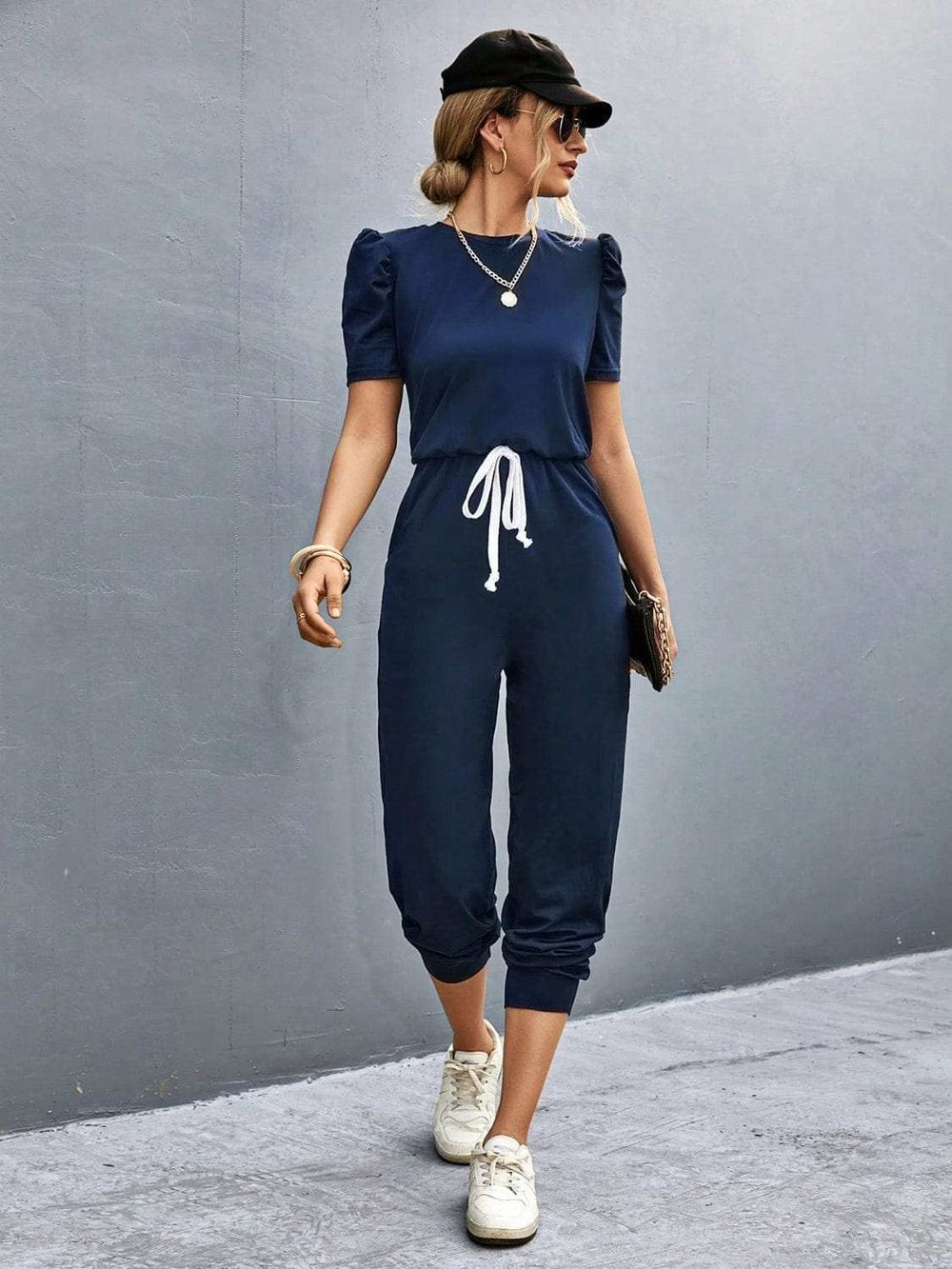 Round Neck Short Sleeve Jumpsuit - Trendsi - Flyclothing LLC