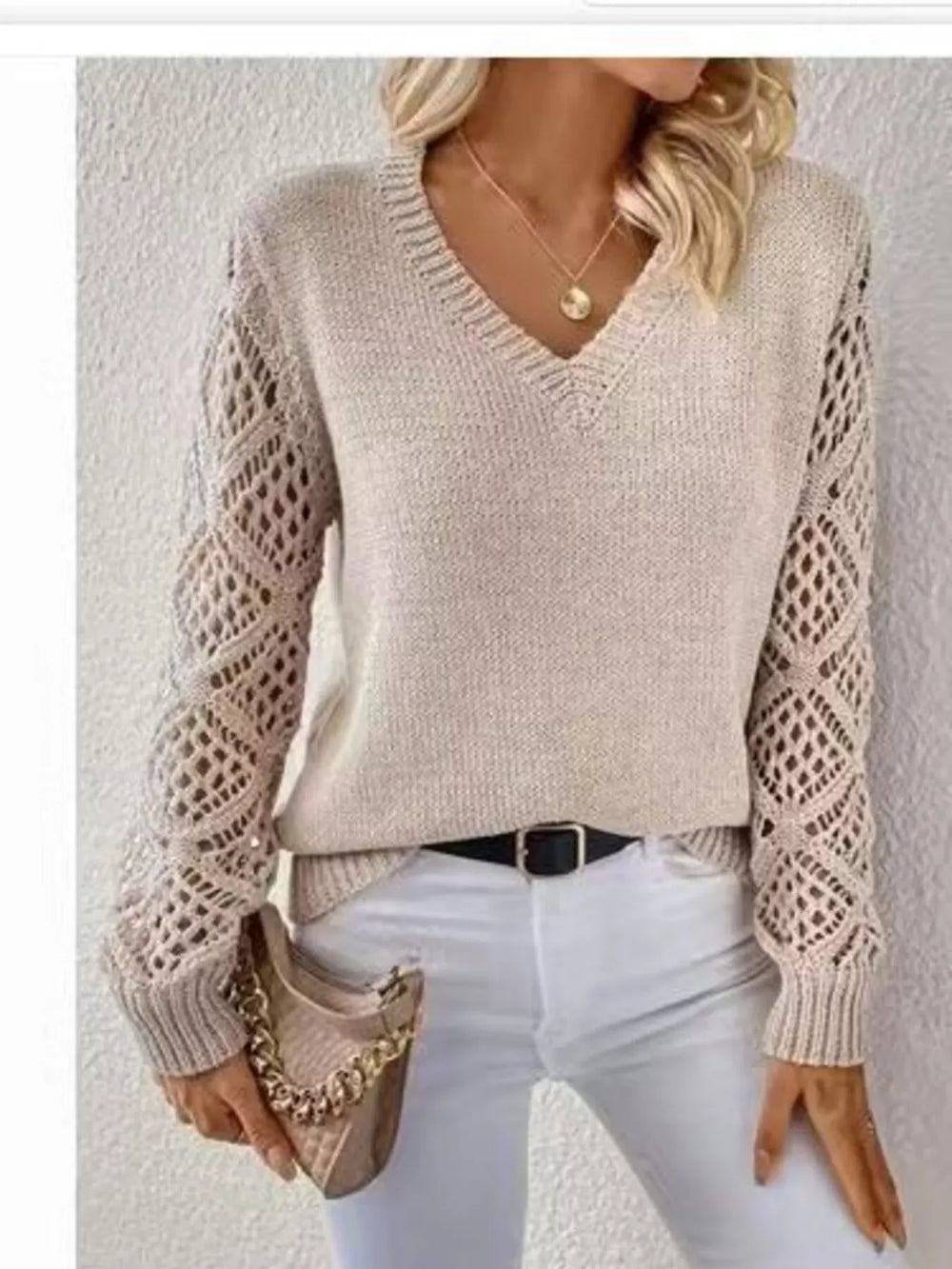 V-Neck Hollow-Out Sleeve Knit Sweater - Trendsi - Flyclothing LLC