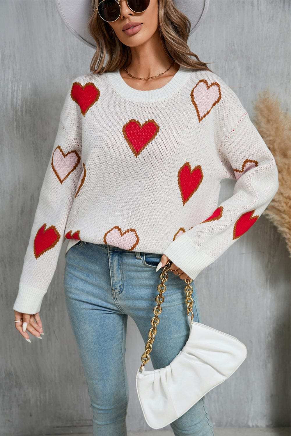 Angel Wings Contrast Heart Round Neck Long Sleeve Sweater - Trendsi - Flyclothing LLC
