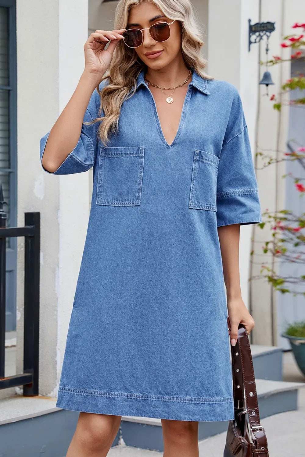 Johnny Collar Half Sleeve Denim Dress - Trendsi - Flyclothing LLC