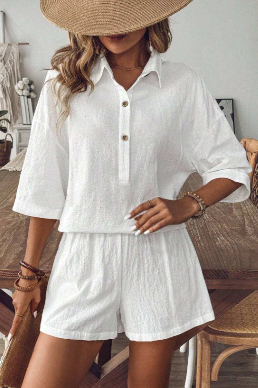 Collared Neck Half Sleeve Top and Shorts Set - Trendsi - Flyclothing LLC