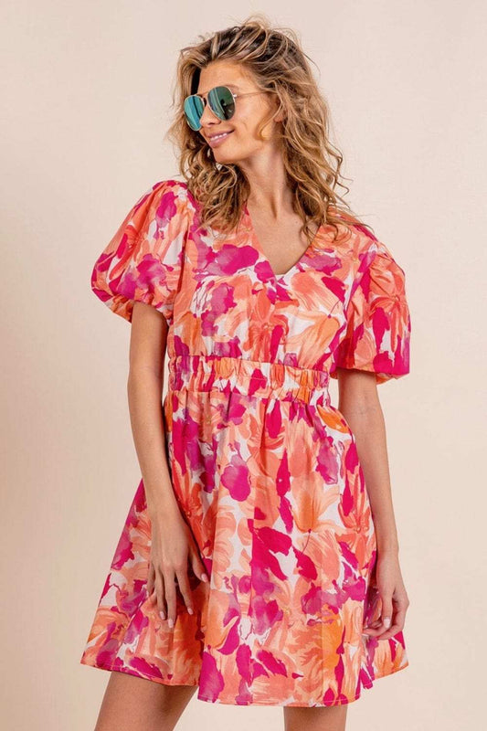 BiBi Floral V-Neck Puff Sleeve Mini Dress - Trendsi - Flyclothing LLC