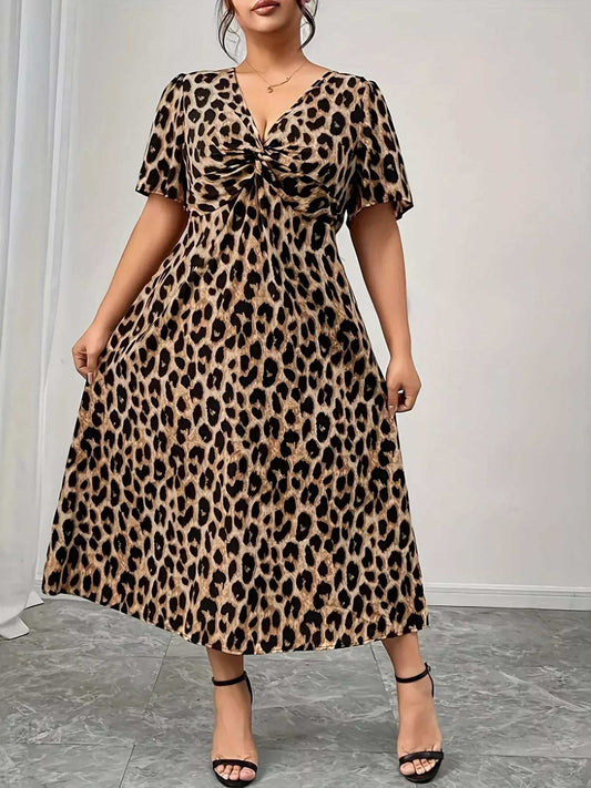 Plus Size Twisted Front Leopard Short Sleeve Dress - Trendsi - Flyclothing LLC
