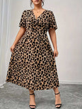 Plus Size Twisted Front Leopard Short Sleeve Dress - Trendsi - Flyclothing LLC