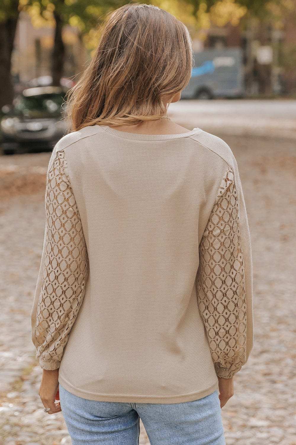 Waffle-Knit Round Neck Long Sleeve Blouse - Trendsi - Flyclothing LLC