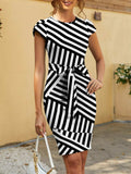 FAM-FAM Tied Striped Round Neck Cap Sleeve Dress - Trendsi - Flyclothing LLC
