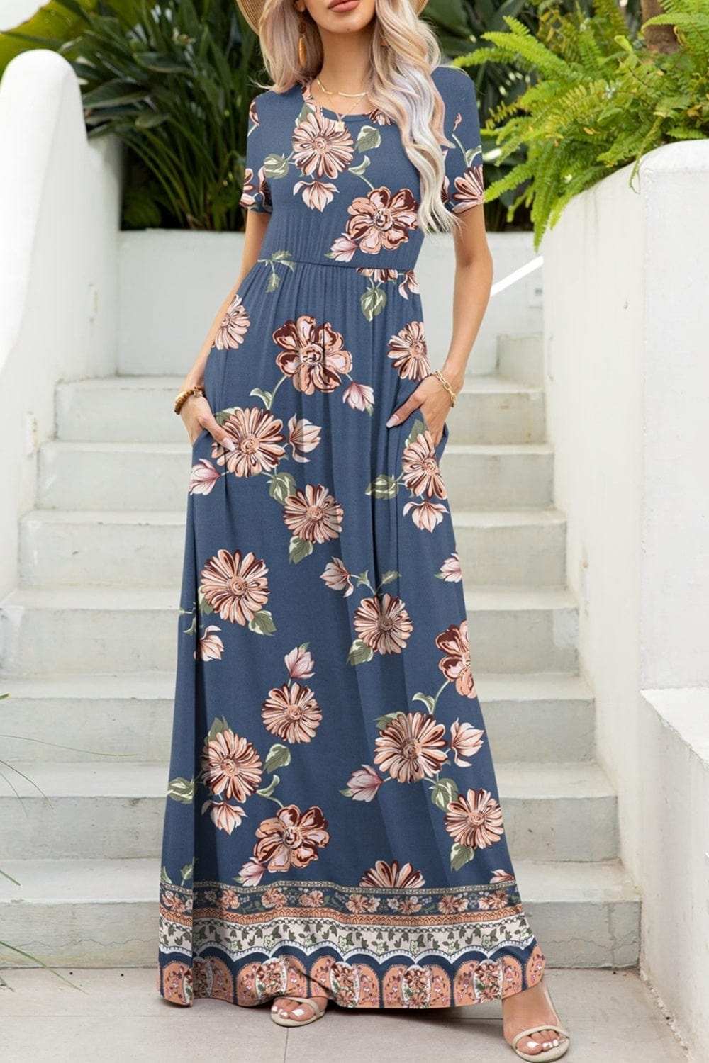 Printed Round Neck Short Sleeve Maxi Dress - Trendsi - Flyclothing LLC