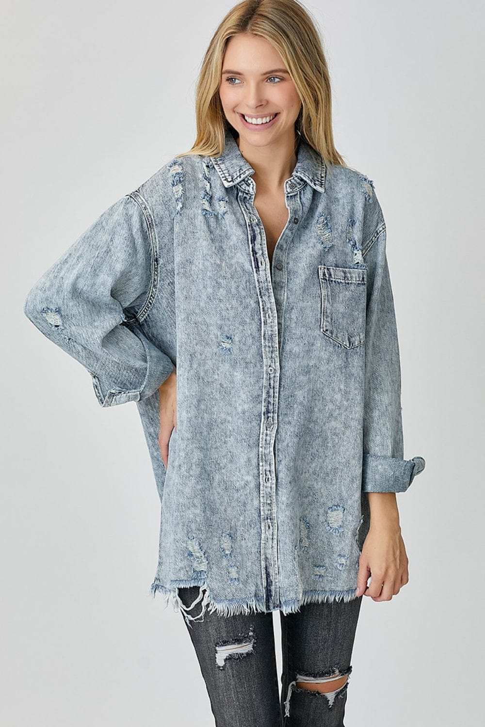 RISEN Distressed Raw Hem Denim Shirt - Trendsi - Flyclothing LLC