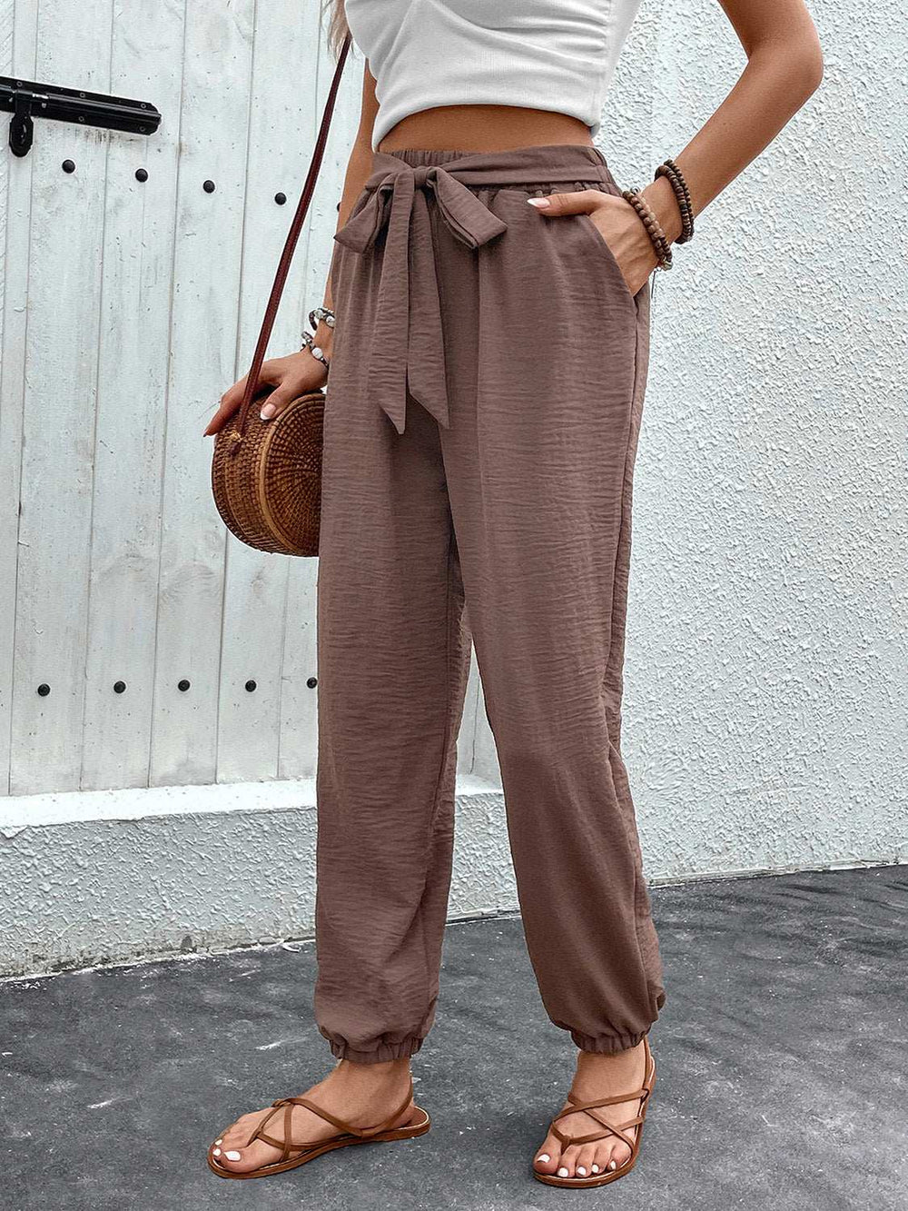 Tied High Waist Pants with Pockets - Trendsi - Flyclothing LLC