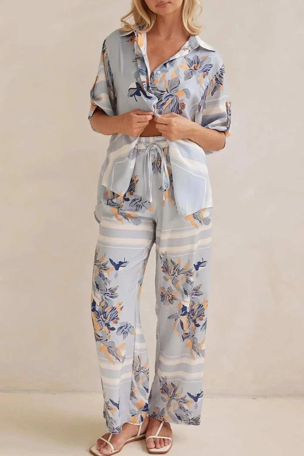 Printed Button Up Shirt and Pants Set - Trendsi - Flyclothing LLC