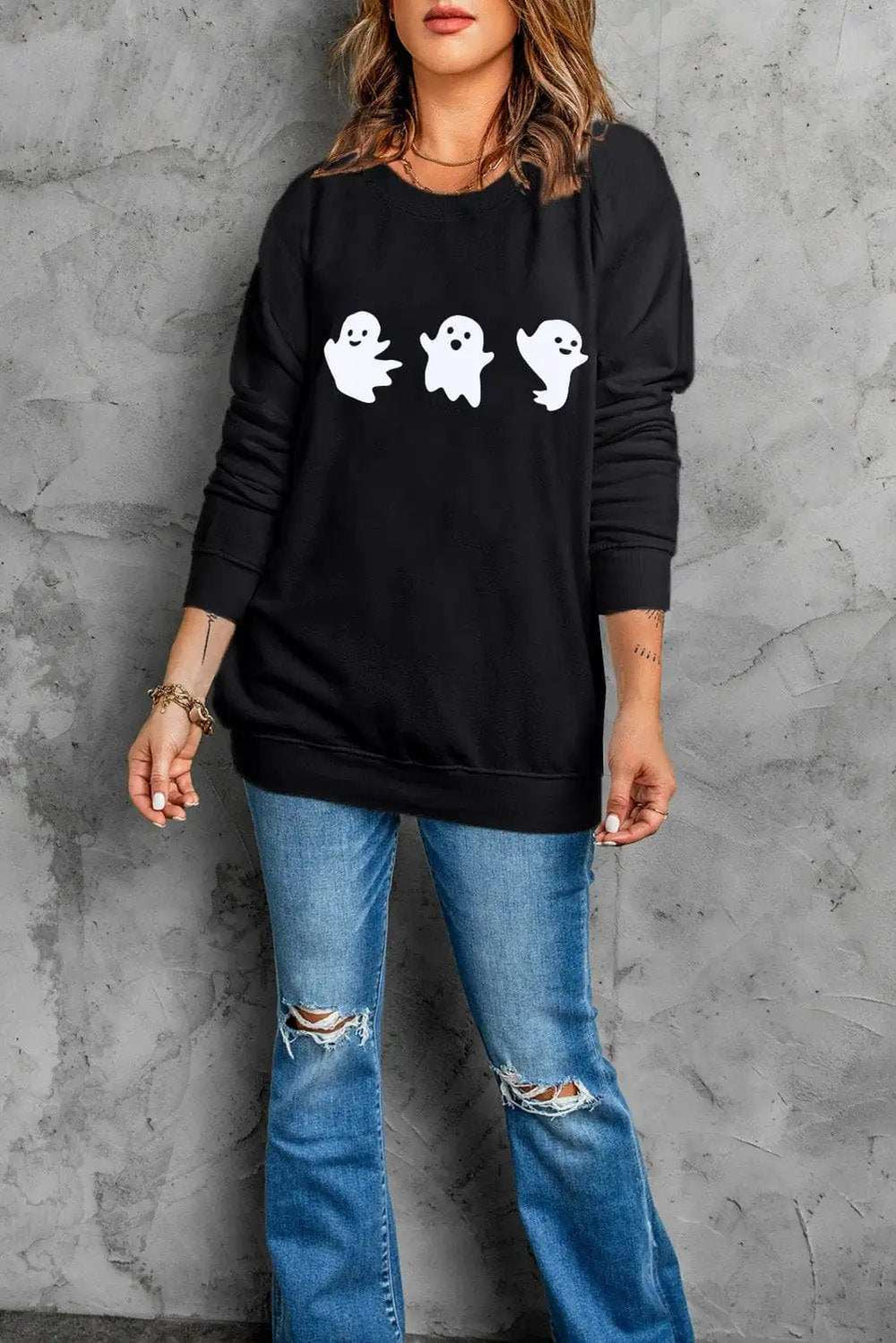 Ghost Round Neck Long Sleeve Sweatshirt - Trendsi - Flyclothing LLC