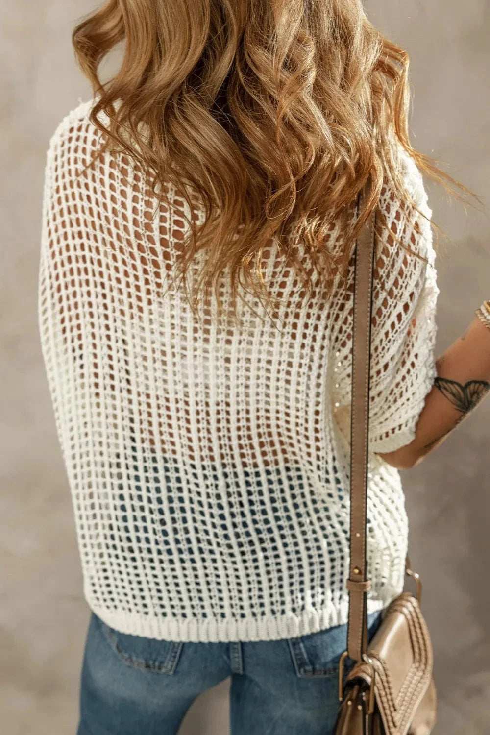 Openwork Round Neck Half Sleeve Knit Cover Up - Trendsi - Flyclothing LLC