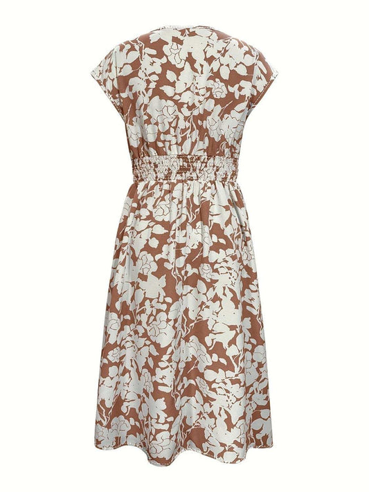Printed V-Neck Cap Sleeve Midi Dress - Trendsi - Flyclothing LLC