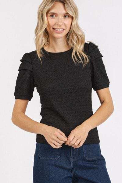 Mittoshop Textured Round Neck Short Sleeve Blouse - Trendsi - Flyclothing LLC