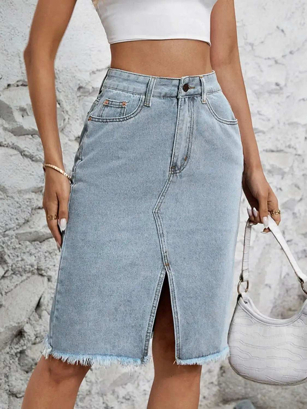 Raw Hem Slit Denim Skirt - Trendsi - Flyclothing LLC