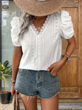 Lace Detail Eyelet V-Neck Short Sleeve Blouse - Trendsi - Flyclothing LLC